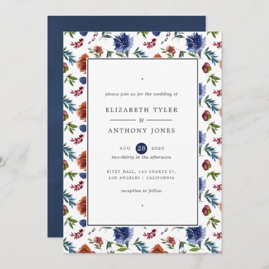 ジンジャーとネイビーの水の色のフローラ結婚ズ 招待状 (正面/裏面)