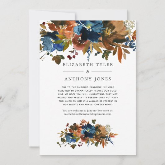 ジンジャーとネイビーの花柄 縮小された結婚式のゲストリスト 案内状 (正面)