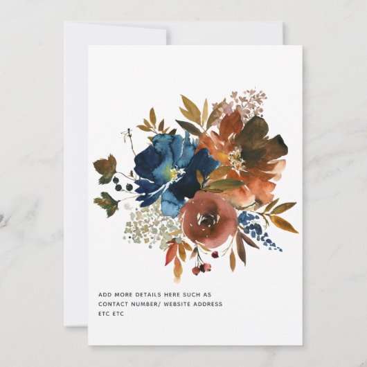 ジンジャーとネイビーの花柄 縮小された結婚式のゲストリスト 案内状 (裏面)