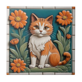 ジンジャーの猫とオレンジの花の庭園 フローラルキャッツ タイル