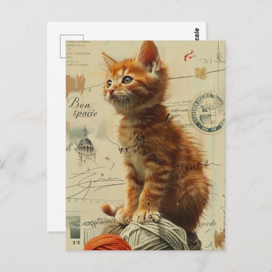 ジンジャーキッテン糸コラージュ混合媒体 ポストカード (正面/裏面)