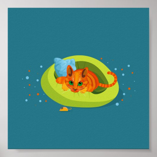 ジンジャーキャットの幾何学的イラストレーションがベッドに座った ポスター (正面)