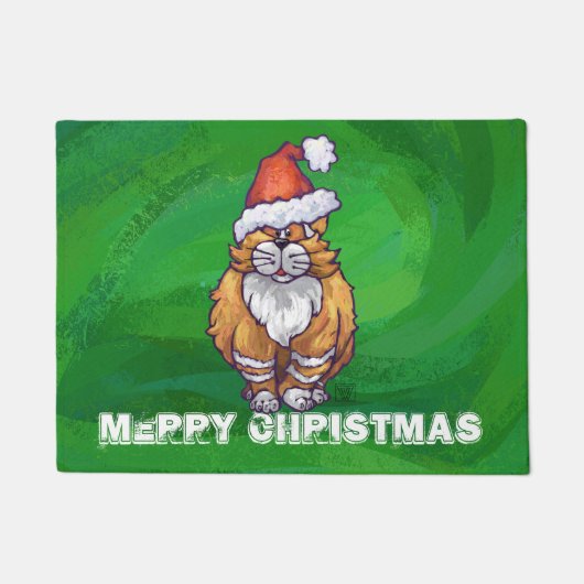 ジンジャーキャットクリスマスオングリーン ドアマット (正面)