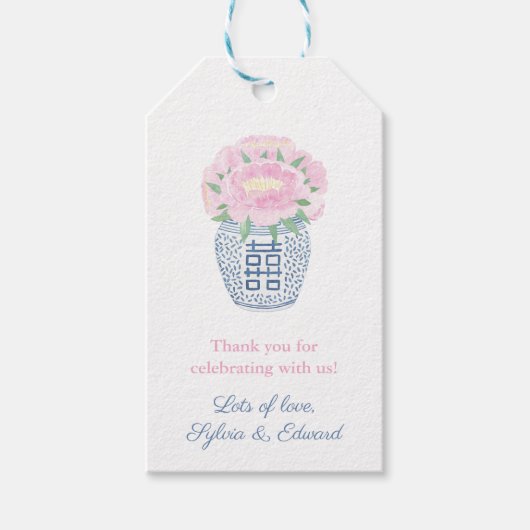 ジンジャージャー瓶の水色の牡丹ブライダルシャワー ギフトタグ (正面)