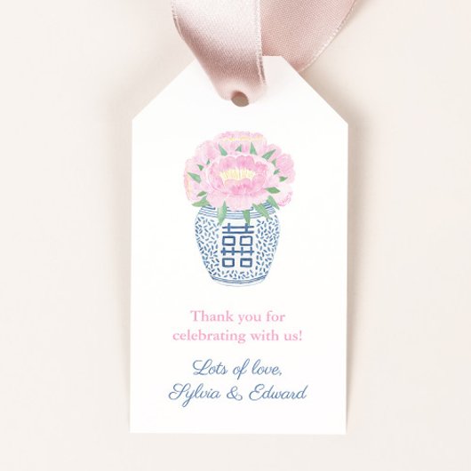 ジンジャージャー瓶の水色の牡丹ブライダルシャワー ギフトタグ