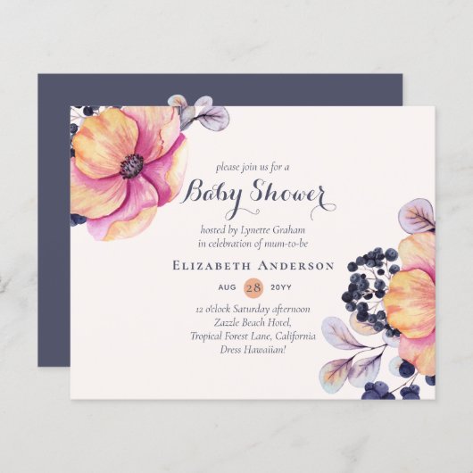 ジンジャーネイビーフローラベビーシャワー招待状予算 (正面/裏面)