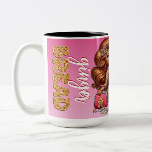 ジンジャーブレッドおもしろいディバアーバンピンククリスマス ツートーンマグカップ (左)