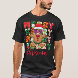 ジンジャーブレッドが風船ガムを吹く ピンクサングラス クリスマス Tシャツ