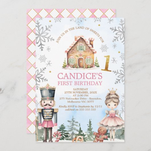 ジンジャーブレッドくるみ割りランド・オブ・スイーツ1歳の誕生日 招待状 (正面/裏面)