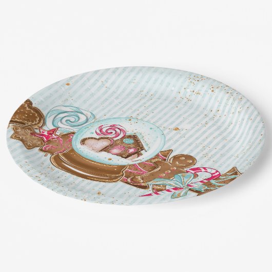 ジンジャーブレッドのクッキーのSnowglobeキャンデーの紙皿 ペーパープレート (アングル)