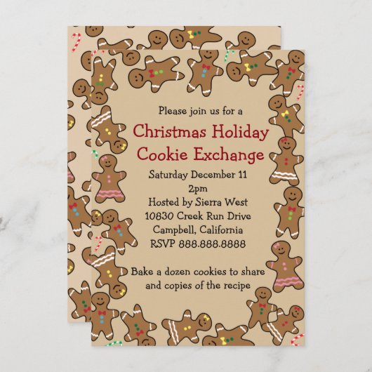 ジンジャーブレッドのクリスマスの休日のクッキー交換 招待状 (正面/裏面)