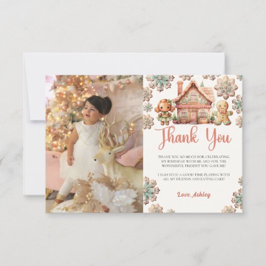 ジンジャーブレッドのクリスマスクッキー誕生日写真 サンキューカード (正面)