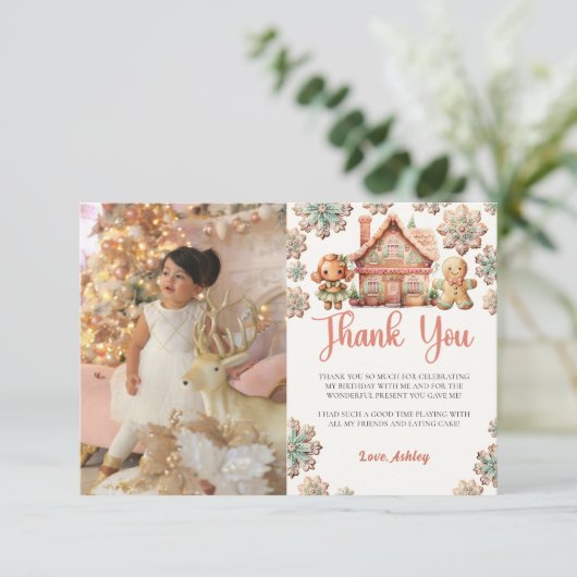 ジンジャーブレッドのクリスマスクッキー誕生日写真 サンキューカード (スタンド正面)