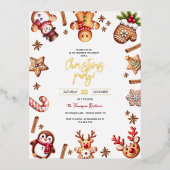 ジンジャーブレッドのクリスマスホリデーパーティーの招待 箔シーズンポストカード (正面)