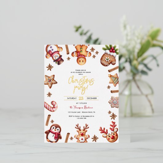 ジンジャーブレッドのクリスマスホリデーパーティー招待状 箔シーズンポストカード (立ち正面)