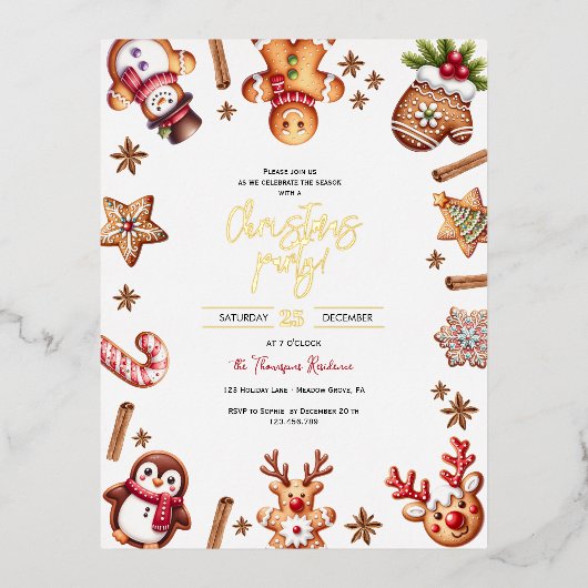 ジンジャーブレッドのクリスマスホリデーパーティー招待状 箔シーズンポストカード (正面)