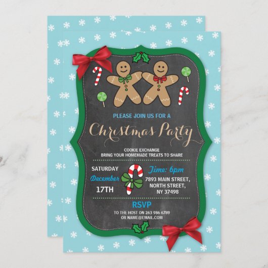 ジンジャーブレッドのクリスマス・パーティのクッキー交換 招待状 (正面/裏面)