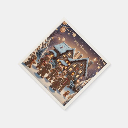 ジンジャーブレッドの家とかわいいジンジャーブレッドの家族 スタンダードカクテルナプキン (角)