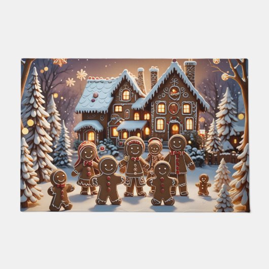 ジンジャーブレッドの家とかわいいジンジャーブレッドの家族 ドアマット (正面)
