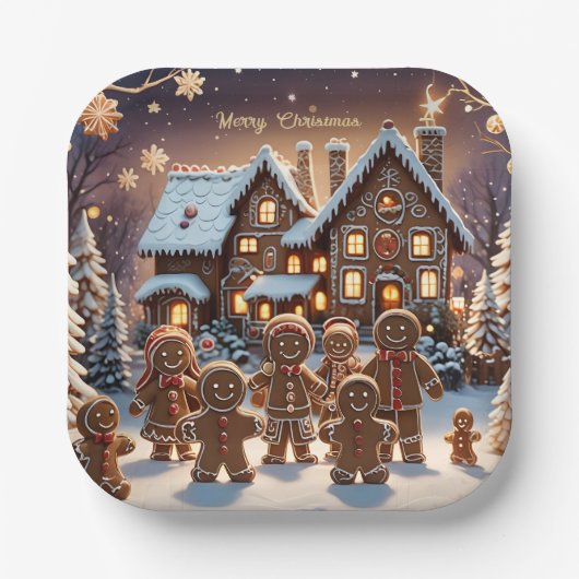 ジンジャーブレッドの家とかわいいジンジャーブレッドの家族 ペーパープレート (正面)