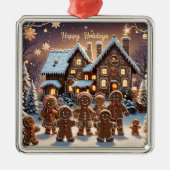 ジンジャーブレッドの家とかわいいジンジャーブレッドの家族 メタルオーナメント (正面)