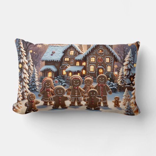 ジンジャーブレッドの家とかわいいジンジャーブレッドの家族 ランバークッション (正面)