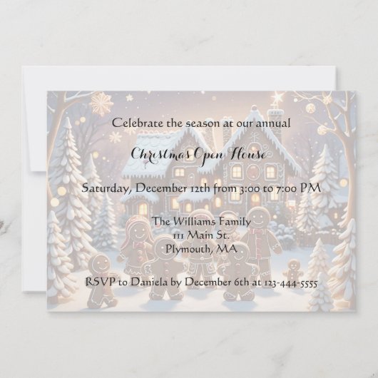 ジンジャーブレッドの家とかわいいジンジャーブレッドの家族 招待状 (裏面)