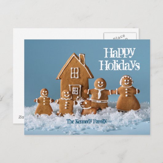 ジンジャーブレッドの家の前にあるジンジャーブレッドの家族 シーズンポストカード (正面/裏面)