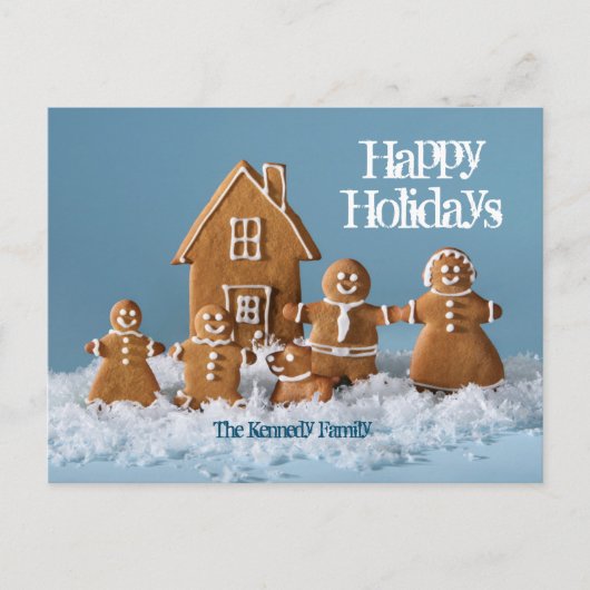 ジンジャーブレッドの家の前にあるジンジャーブレッドの家族 シーズンポストカード (正面)