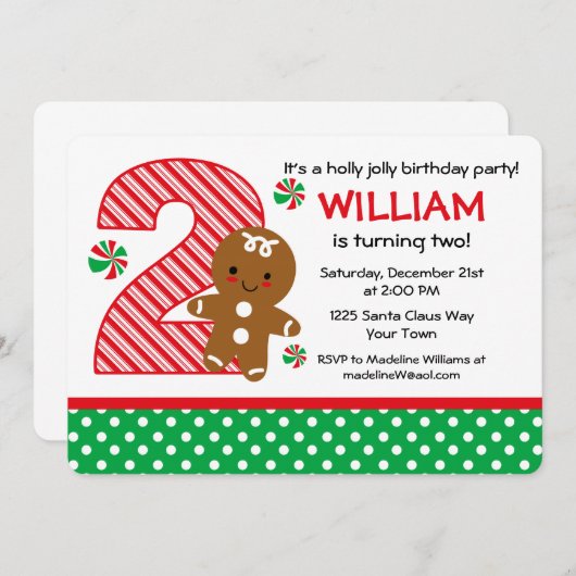 ジンジャーブレッドの男の子の第2誕生日 招待状 (正面/裏面)