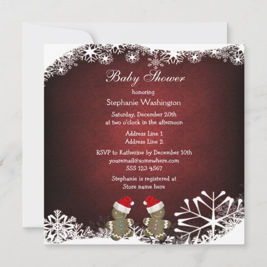 ジンジャーブレッドはクリスマスのベビーシャワーを結び付けます 招待状 (裏面)