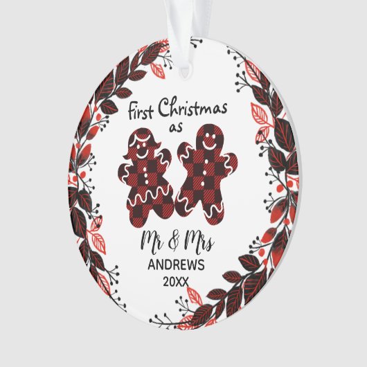ジンジャーブレッドカップル初めてのクリスマスバッファロープレイド オーナメント (正面)