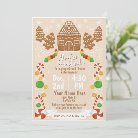 ジンジャーブレッドカラフルハウスクリスマスキャンディ 招待状 (スタンド正面)