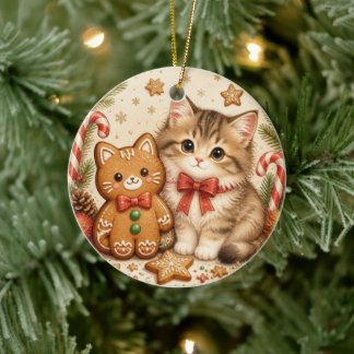 ジンジャーブレッドキャットのクリスマスオーナメント セラミックオーナメント