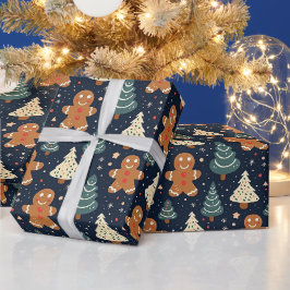 ジンジャーブレッドクッキーとクリスマスツリー ラッピングペーパー