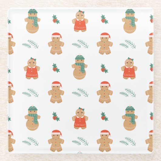 ジンジャーブレッドクッキーのクリスマスパターン ガラスコースター (正面)