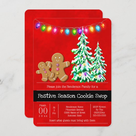 ジンジャーブレッドクッキークリスマスツリーライトフェスティバルレッド 招待状 (正面/裏面)