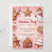 ジンジャーブレッドクッキーレッドバックグラウンドクリスマスパーティー 招待状 (正面)