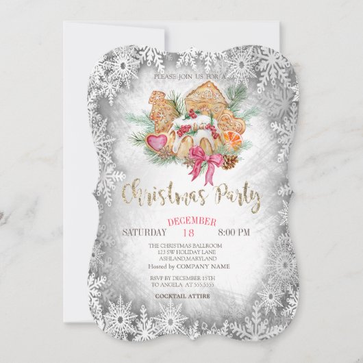 ジンジャーブレッドクッキー、灰色の雪の結晶クリスマス 招待状 (正面)