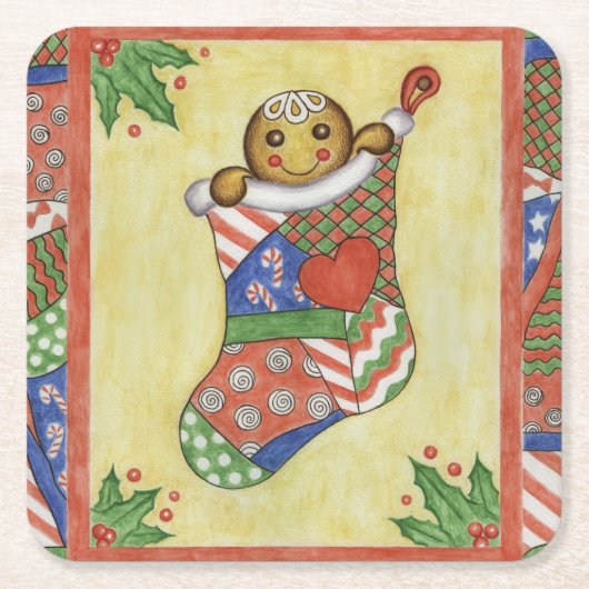 ジンジャーブレッドクリスマスストッキングコースター スクエアペーパーコースター (正面)