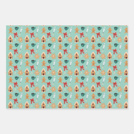 ジンジャーブレッドクリスマス フェスティブ ホリデー クッキー ラッピングペーパーシート (正面2)