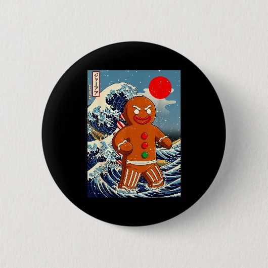 ジンジャーブレッドジラ 古典的日本アート クリスマス おもしろ 缶バッジ (正面)