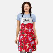 ジンジャーブレッドディアキャンディキーブリーグリーンクリスマス エプロン (着用した状態)