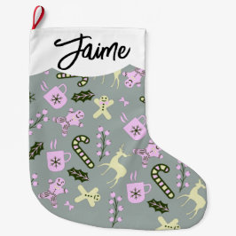 ジンジャーブレッドディアキャンディキーブリーグリーンクリスマス ラージクリスマスストッキング