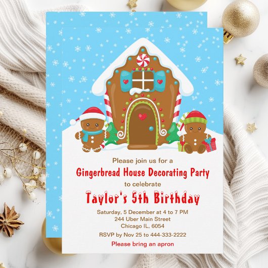 ジンジャーブレッドデコレーション誕生日パーティー 青と赤 招待状