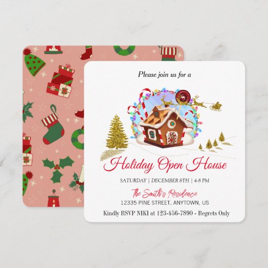 ジンジャーブレッドハウスと金のサンタクロース シーズンカード (正面/裏面)