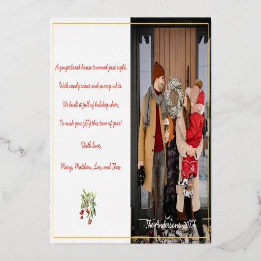 ジンジャーブレッドハウスのクリスマスカード | 1枚の写真 箔シーズンカード (裏面)