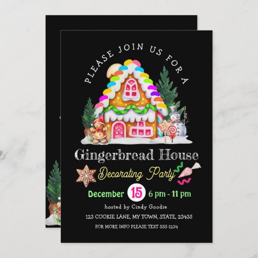 ジンジャーブレッドハウスの飾り付けパーティーの招待状 招待状 (正面/裏面)
