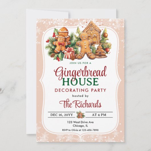 ジンジャーブレッドハウスの飾り付けパーティーの招待状 招待状 (正面)