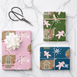 ジンジャーブレッドハウスクッキーピンクの雪 ラッピングペーパーシート